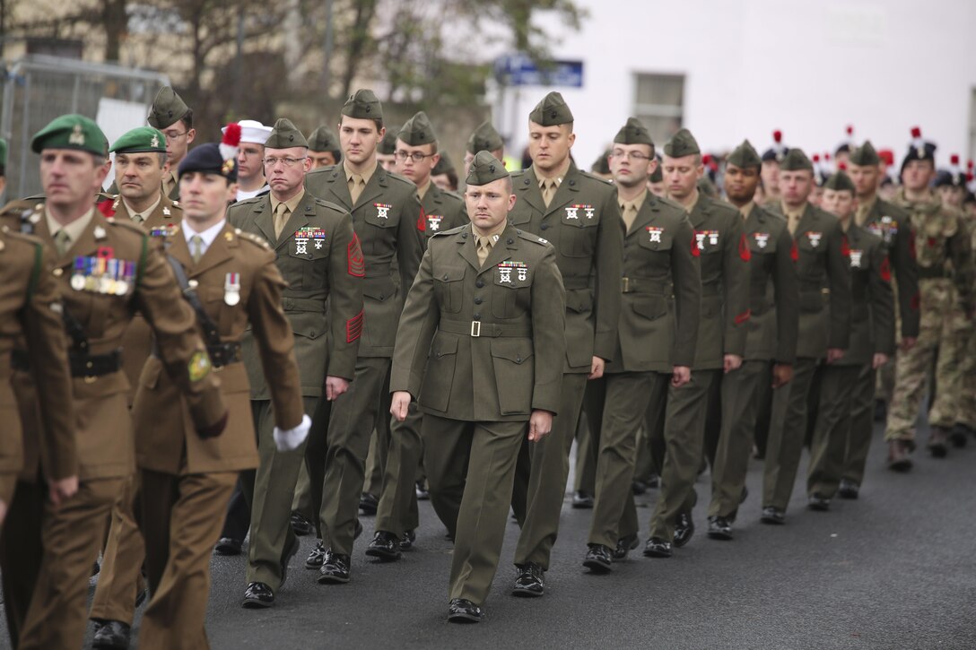 U.S. Marines with 2nd Intelligence Battalion march with British forces during a Remembrance Day Parade in Berwick-upon-Tweed, U.K., Nov. 8, 2015. The countries came together to honor service members who sacrificed their lives in war. (U.S. Marine Corps photo by Cpl. Lucas Hopkins/Released)