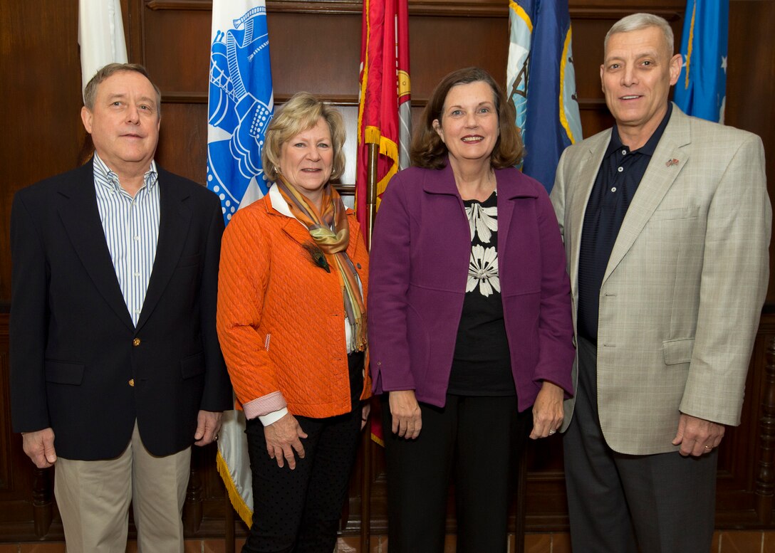 From the left, retired U.S. Navy Vice Adm. Ronald A. Route; Mrs. Route; Debbie Paxton; and the Assistant Commandant of the U.S. Marine Corps, Gen. John M. Paxton, Jr., pose for a photo at the Naval Postgraduate School in Monterey, Ca., Nov. 8, 2015. (U.S. Marine Corps photo by Sgt. Tia Dufour/Released)