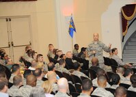 Col. Michael Gimbrone, 502nd Security Forces and Logistics Support Group commander, addresses the audience during Wingman Resiliency Day Nov. 6, 2015 at Joint Base San Antonio-Randolph. Members of the 502nd Air Base Wing at JBSA-Randolph broke from daily operations and missions to reinforce the Wingman concept and provide a foundation for building resilient Airmen with team building exercises in the form of a sporting, recreational, and process improvement events. (U.S. Air Force photo by Melissa Peterson)