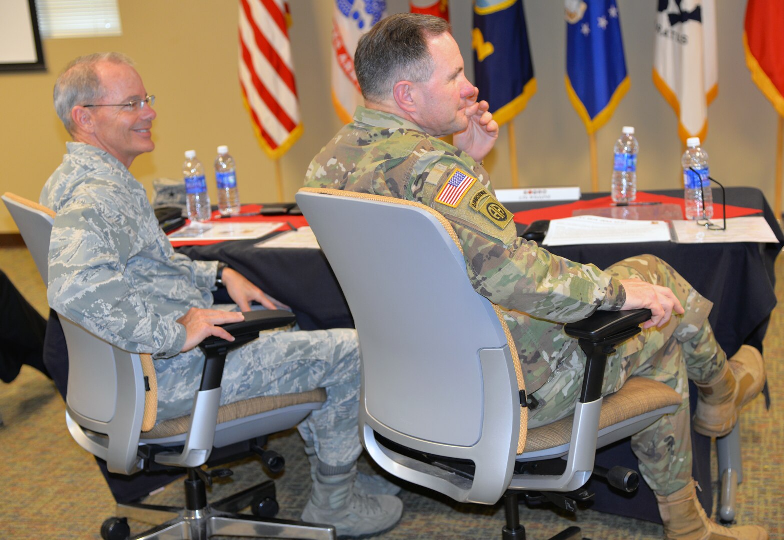 Brig. Gen. Bob LaBrutta (left), commander of the 502nd Air Base Wing and Joint Base San Antonio, and Lt. Gen. Perry L. Wiggins, (right), commanding general of U.S. Army North (Fifth Army) and senior Army  commander of Fort Sam Houston and Camp Bullis listen as issues are brought up during the JBSA Armed Force Action Plan forum outbrief at the U.S. Installation Management Command Academy on JBSA-Fort Sam Houston Nov. 5.