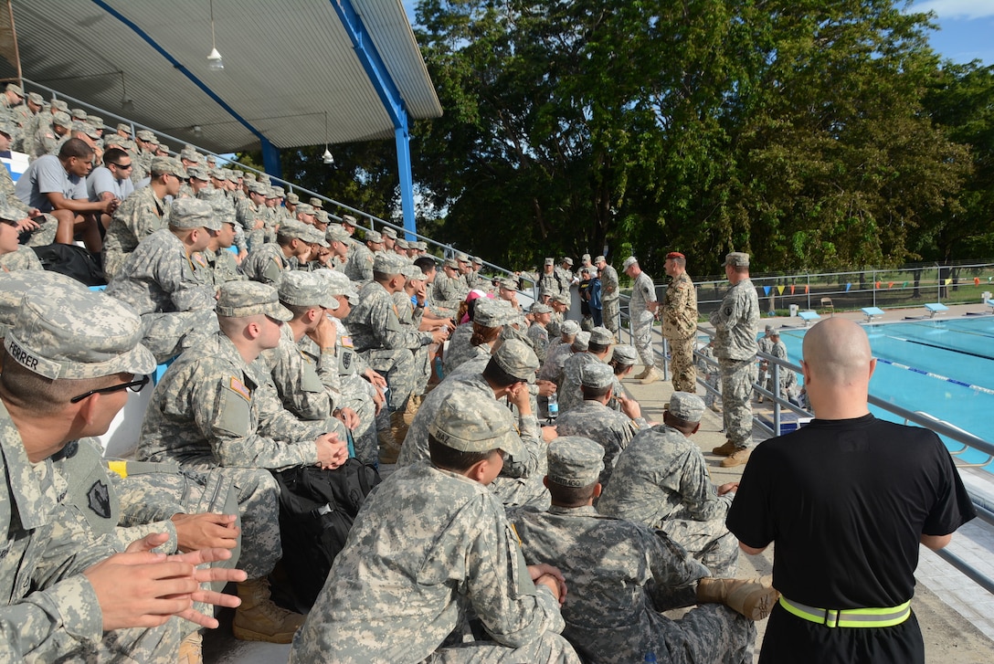 138 Soldiers from the 1st Mission Support Command, U.S. Army Reserve Puerto Rico, U.S. Army Recruiters- San Juan, 1st Army, ARCD and Cadet Command came together to compete for the German Armed Forces Proficiency Badge (GAFPB) at Ponce, Puerto Rico on Nov. 7-8. Participants gathered to receive their initial briefing and guidance from German Armed Forces Liaison Office and Certifying Official, Sgt. Maj. Mike. Kitzler.