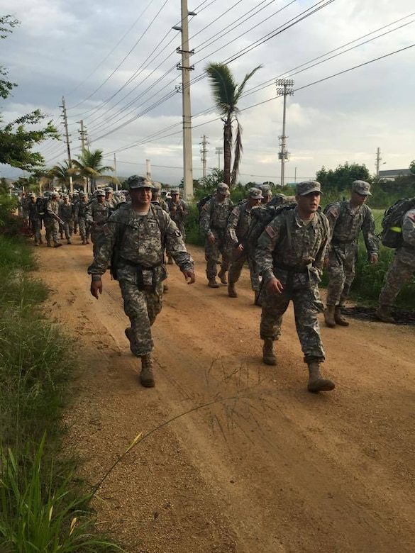 138 Soldiers from the 1st Mission Support Command, U.S. Army Reserve Puerto Rico, U.S. Army Recruiters- San Juan, 1st Army, ARCD and Cadet Command begin the road march during the German Armed Forces Proficiency Badge (GAFPB) competition at Ponce, Puerto Rico on November 8.