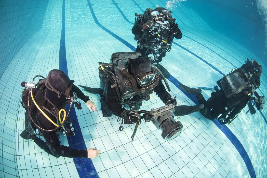 U.S. Navy Petty Officer 3rd Class Aaron Ainley, left, supervises the use of the DNS-300 underwater sonar system to South Korean navy forces during Exercise Clear Horizon 2015 on Commander Fleet Activities Chinhae, South Korea, Nov. 5, 2015. Ainley is an explosive ordnance disposal technician assigned to Mobile Unit 1. U.S. Navy photo by Petty Officer 2nd Class Daniel Rolston