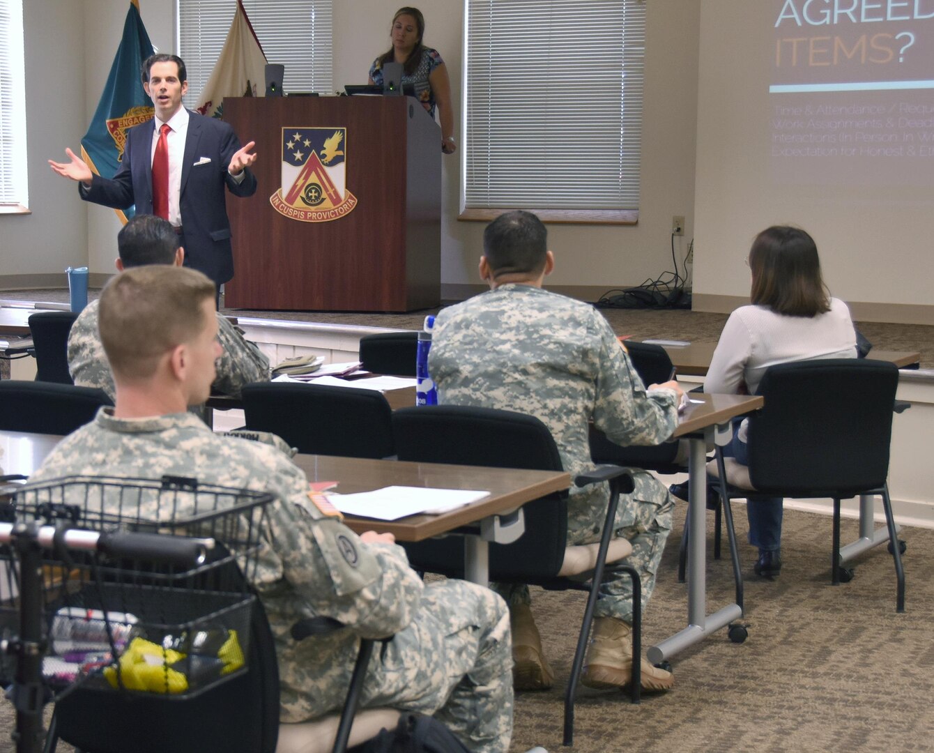U.S. Army South lawyer Adam Stoffa explains the legal aspect of the supervisor-civilian employee relationship during a supervisor development course Oct. 27-28 at the Army South headquarters.