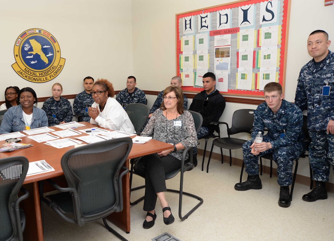 Sailors and civilian personnel gather to celebrate and honor Fran Quinn, health benefits advisor, Naval Branch Health Clinic Albany for her 55 years of federal service in a ceremony. Quinn has spent the last 48 years of her extensive civil service career at NBHC Albany. The event was held at the clinic aboard Marine Corps Logistics Base Albany, Nov. 4.

