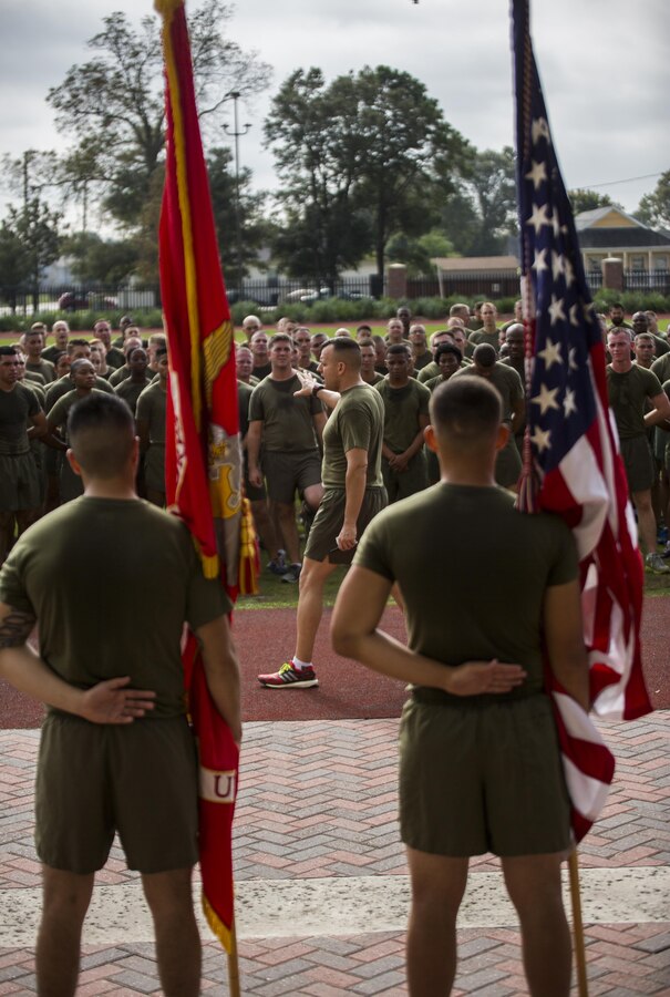 Sgt. Maj. Michael J. Rowan, sergeant major of Headquarters Battalion, Marine Forces Reserve, addresses MARFORRES Marines after the Marine Corps’ 240th Birthday cake-cutting ceremony and 3-mile motivational formation run. Each year, all Marines celebrate two birthdays, the day they were born and the day their Corps was founded in Tun Tavern, Philadelphia, Nov. 10, 1775. Since that day, the United States Marine Corps has garnered the reputation as the world's most efficient amphibious fighting force, engaging in combat on battlefronts across the globe since its inception. 
