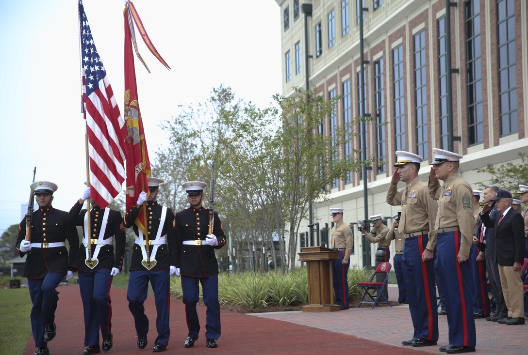 Col. Steven G. Godinho, headquarters battalion commanding officer and Sgt. Maj. Michael J. Rowan, headquarter battalion sergeant major, salute the color guard detail during the 240th Marine Corps birthday cake-cutting ceremony at Marine Corps Support Facility New Orleans, Nov. 10, 2015. Every year, Marine Forces Reserve headquarters battalion celebrates the Marine Corps birthday with a cake-cutting ceremony, followed by a formation run.
(U.S Marine Corps photo by Lance Cpl. Devan Barnett)
