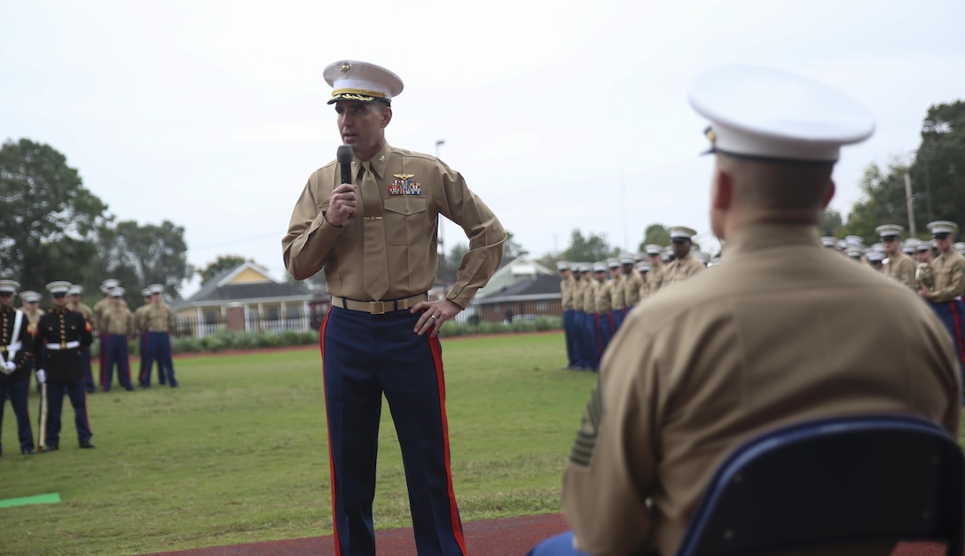 Col. Steven G. Godinho, headquarters battalion commanding officer speaks during the 240th Marine Corps birthday cake-cutting ceremony at Marine Corps Support Facility New Orleans, Nov. 10, 2015. Every year, Marine Forces Reserve headquarters battalion celebrates the Marine Corps birthday with a cake-cutting ceremony, followed by a formation run. (U.S Marine Corps photo by Lance Cpl. Devan Barnett)