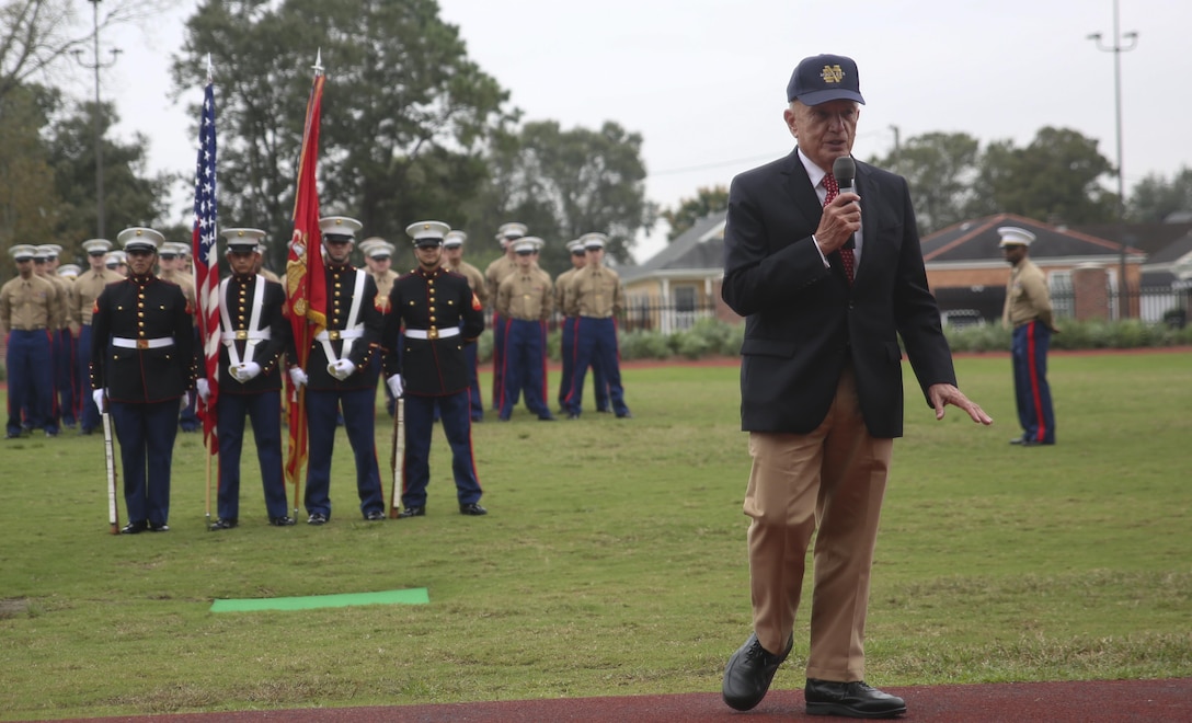 Patrick Brent, guest of honor, speaks during the 240th Marine Corps birthday cake-cutting ceremony at Marine Corps Support Facility New Orleans, Nov. 10, 2015. Brent is a former Marine with 2nd battalion, 4th Marine Division who was also an embedded civilian journalist during the Afghanistan and Iraqi war. (U.S Marine Corps photo by Lance Cpl. Devan Barnett)