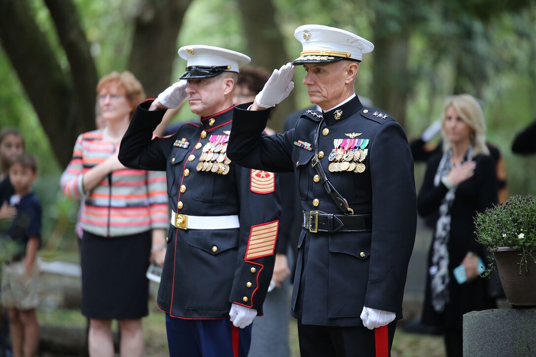 Lt. Gen. Rex C. McMillian, commander of Marine Forces North and Marine Forces Reserve, and Sgt. Maj. Anthony Spadaro, MFR/MFN sergeant major, salute the National Ensign during a wreath-laying ceremony to honor Gen. Robert H. Barrow, the 227th Commandant of the Marine Corps, at Grace Episcopal Church in St. Francisville, La., Nov. 10, 2015.   Barrow’s children and several extended family and friends gathered to pay their respects to the former commandant who died Oct. 30, 2008.