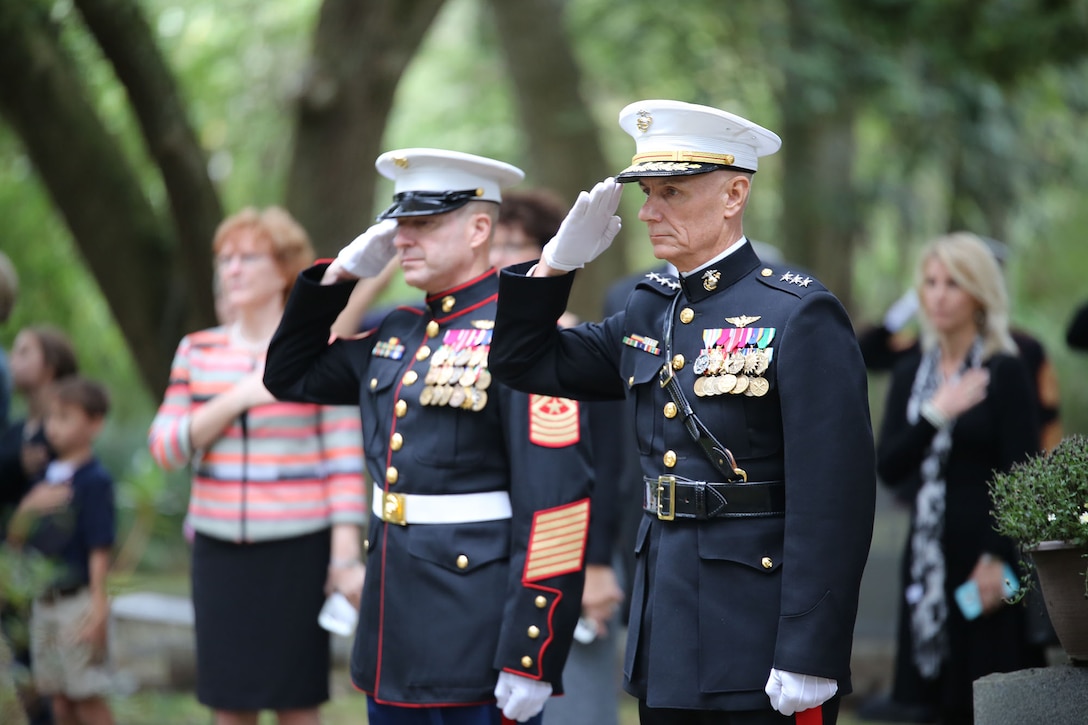 Lt. Gen. Rex C. McMillian, commander of Marine Forces North and Marine Forces Reserve, and Sgt. Maj. Anthony Spadaro, MFR/MFN sergeant major, salute the National Ensign during a wreath-laying ceremony to honor Gen. Robert H. Barrow, the 227th Commandant of the Marine Corps, at Grace Episcopal Church in St. Francisville, La., Nov. 10, 2015.   Barrow’s children and several extended family and friends gathered to pay their respects to the former commandant who died Oct. 30, 2008.