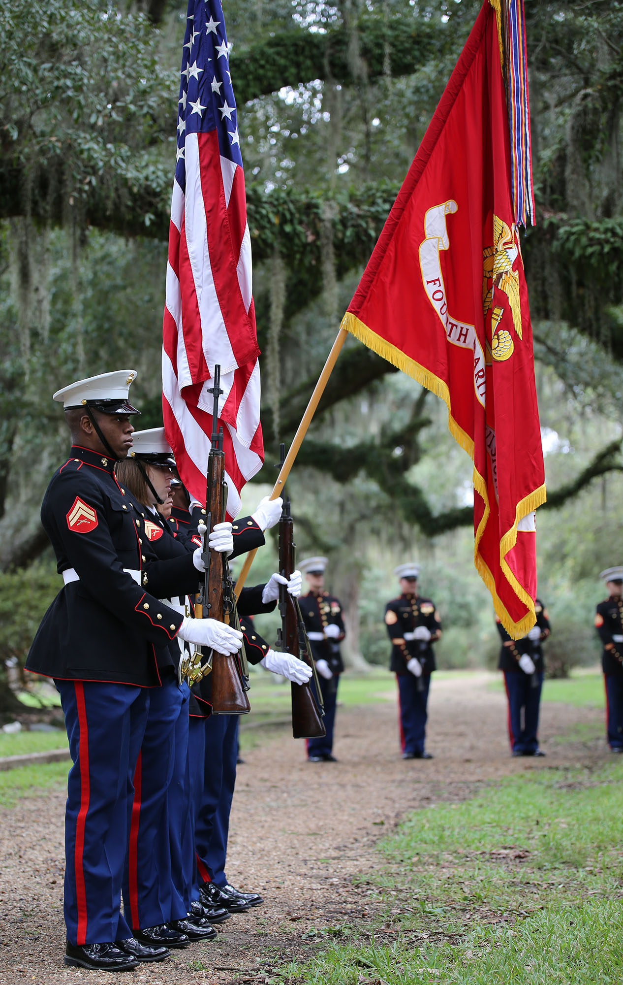 Marines with the 4th Marine Division color guard present the colors during a wreath-laying ceremony at the gravesite of the 27th Commandant of the Marine Corps, Gen. Robert H. Barrow, at Grace Episcopal Church in St. Francisville, La., Nov.10, 2015.  The Commander and Sergeant Major of Marine Forces Reserve and Marine Forces North, Lt. Gen. Rex C. McMillian and Sgt. Maj. Anthony Spadaro, laid the wreath on Barrow’s grave to honor his service and to pay their respects on behalf of the Marine Corps. 