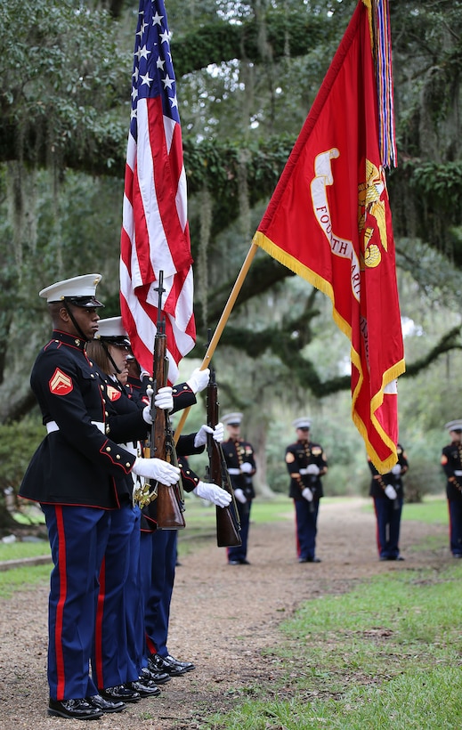 Marines with the 4th Marine Division color guard present the colors during a wreath-laying ceremony at the gravesite of the 27th Commandant of the Marine Corps, Gen. Robert H. Barrow, at Grace Episcopal Church in St. Francisville, La., Nov.10, 2015.  The Commander and Sergeant Major of Marine Forces Reserve and Marine Forces North, Lt. Gen. Rex C. McMillian and Sgt. Maj. Anthony Spadaro, laid the wreath on Barrow’s grave to honor his service and to pay their respects on behalf of the Marine Corps. 