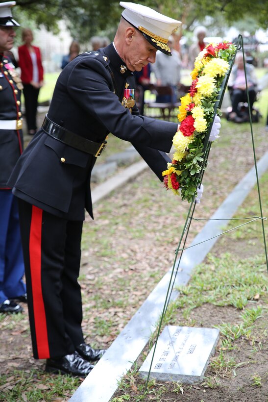 Lt. Gen. Rex C. McMillian, commander of Marine Forces North and Marine Forces Reserve, place a wreath at the gravesite of Gen. Robert H. Barrow, the 27th Commandant of the Marine Corps, during an annual ceremony held at Grace Episcopal Church in St. Francisville, La., Nov. 10, 2015.   Barrow’s children and several of his extended family and friends gathered to pay their respects to the former commandant who died Oct. 30, 2008.