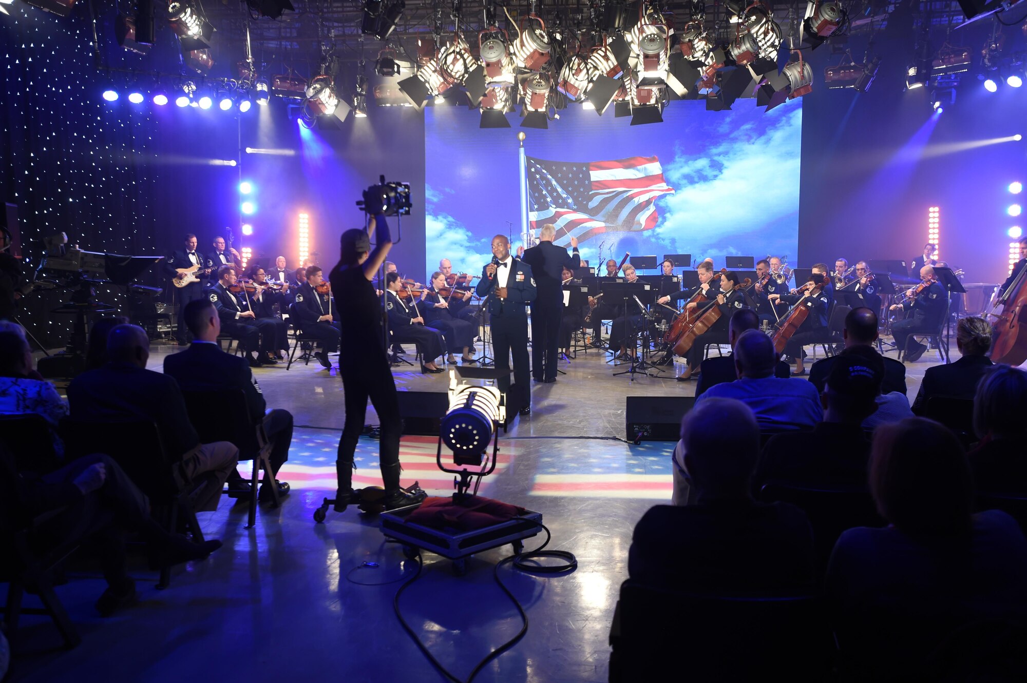 The U.S. Air Force Band performs for a live audience at the Maryland Public Television studio during recording of the band’s Veterans Day tribute in Owings Mills, Md., Nov. 6, 2015. This is the 10th Veterans Day performance the band has done at MPT. (U.S. Air Force photo/Senior Airman Joshua R. M. Dewberry)