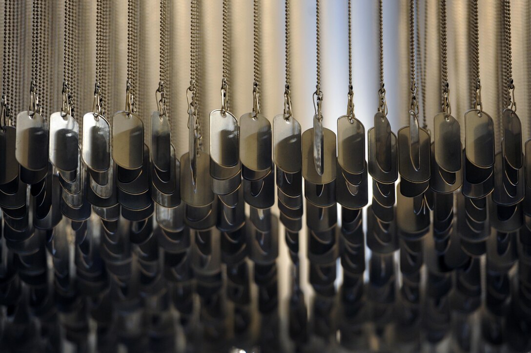 A dog tag chandelier hangs from the ceiling as a part of the décor in the Dog Tag Bakery, Washington, D.C., Oct. 19, 2015. The Dog Tag Bakery is operated by the administration and faculty of Georgetown University’s School of Continuing Studies and helps rehabilitate disabled veterans by training them in the art of baking. DoD photo by Marvin Lynchard
