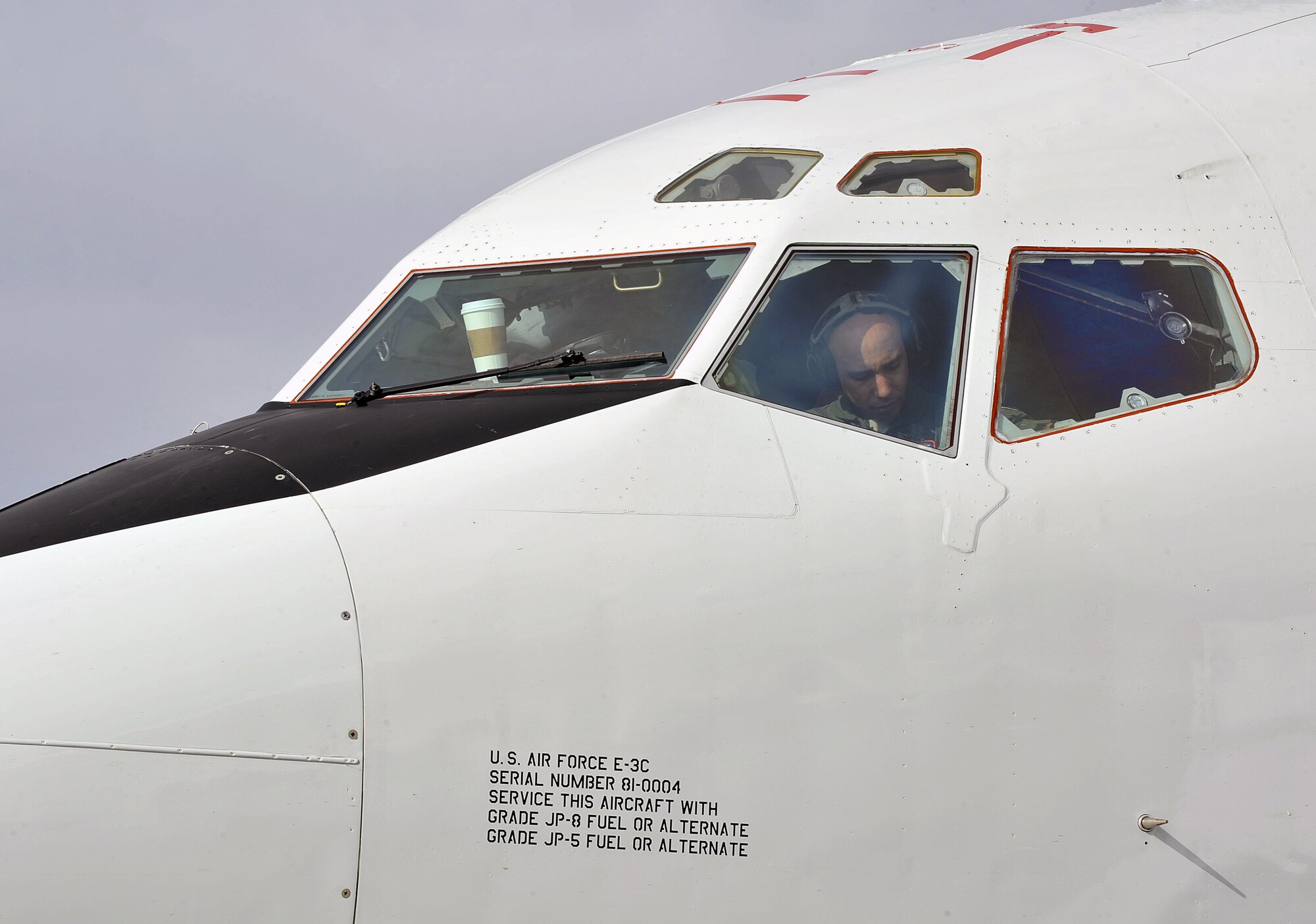 U.S. Air Force Capt. Carlos Hernandez, 961st Airborne Air Control Squadron pilot, prepares for takeoff, Nov. 10, 2015, at Kadena Air Base, Japan. The E-3 Sentry is an airborne warning and control system aircraft with an integrated command and control battle management, surveillance, target detection, and tracking platforms. (U.S. Air Force photo by Naoto Anazawa/Released)