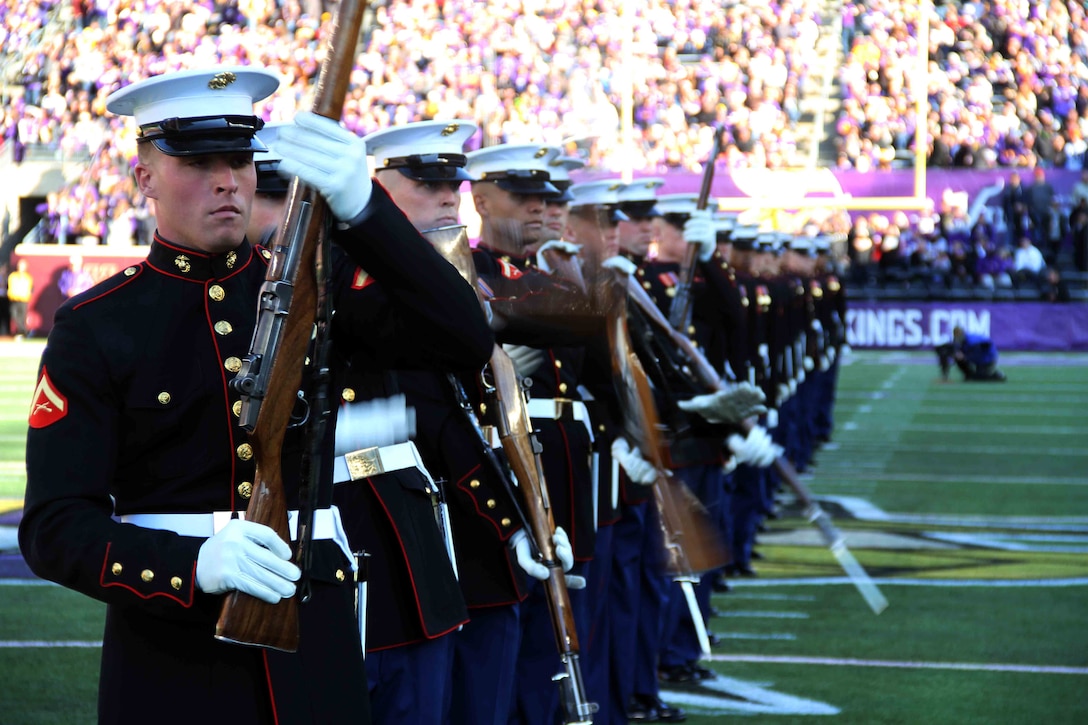 Marines with the Silent Drill Platoon performed during the MN Vikings game in Minneapolis, MN, November 8, 2015. In addition to performing a spectacular half-time show, the Marines also honored Tyler Johnson, a high school student from Minneapolis, selected to play in the Semper Fi All American Bowl. 