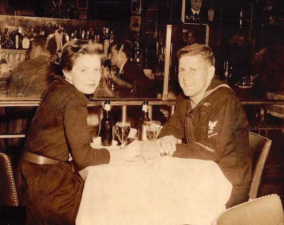 Patricia Ann Brennan has dinner in May 1955 with Navy Electronics Technician 3rd Class Lee Rogers at the Jack Dempsey Restaurant in New York City approximately one month before the couple was married.