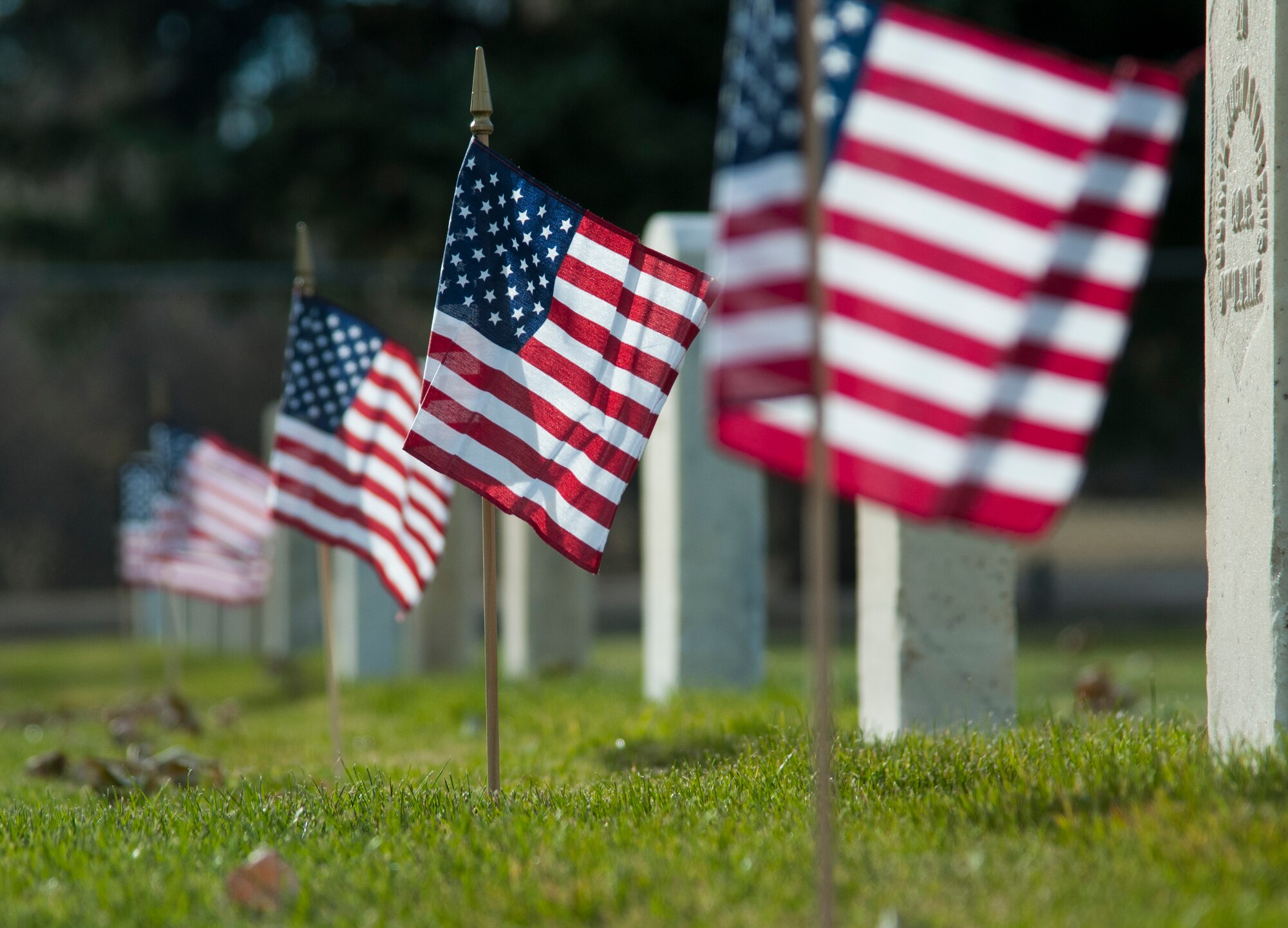 American flags line a row of veterans' graves in the F.E. Warren Air Force Base, Wyo., cemetery, Nov. 9, 2015. Gravesites of veterans dating back to 1867 are in the cemetery, and each year for Veterans Day and Memorial Day, Mighty Ninety Airmen pay respects by placing a flag and rendering a salute at each veteran's grave. (U.S. Air Force photo by Senior Airman Jason Wiese)