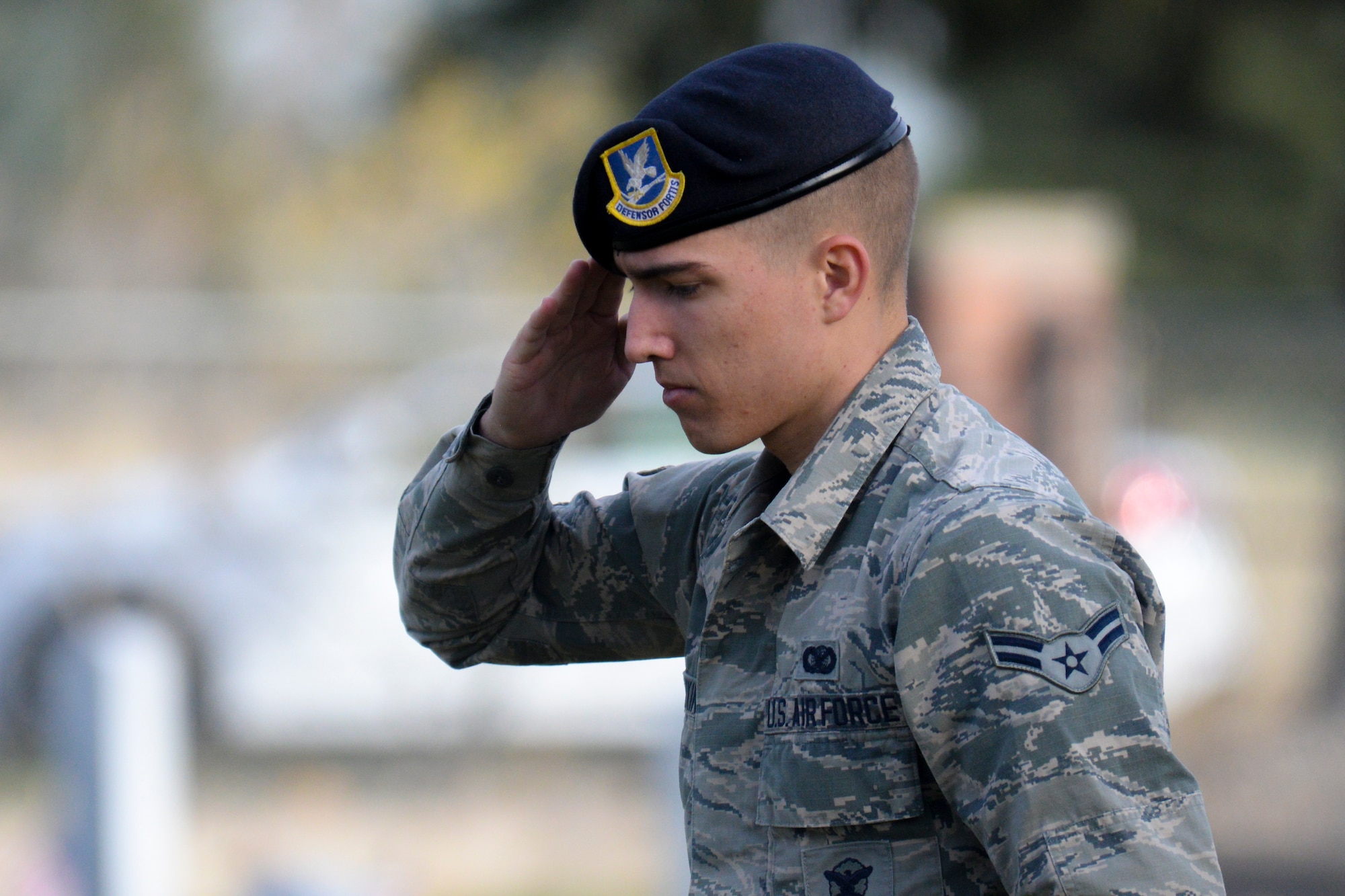 Airman 1st Class Michael Dawkins, 90th Missile Wing ceremonial guardsman from the 90th Security Forces Squadron, salutes at the grave of a veteran in the F.E. Warren Air Force Base, Wyo., cemetery Nov. 9, 2015, after placing an American flag in front of the headstone. For Veterans Day, each veteran’s grave received a flag and salute from a 90th Missile Wing Airman. (U.S. Air Force photo by Senior Airman Jason Wiese)