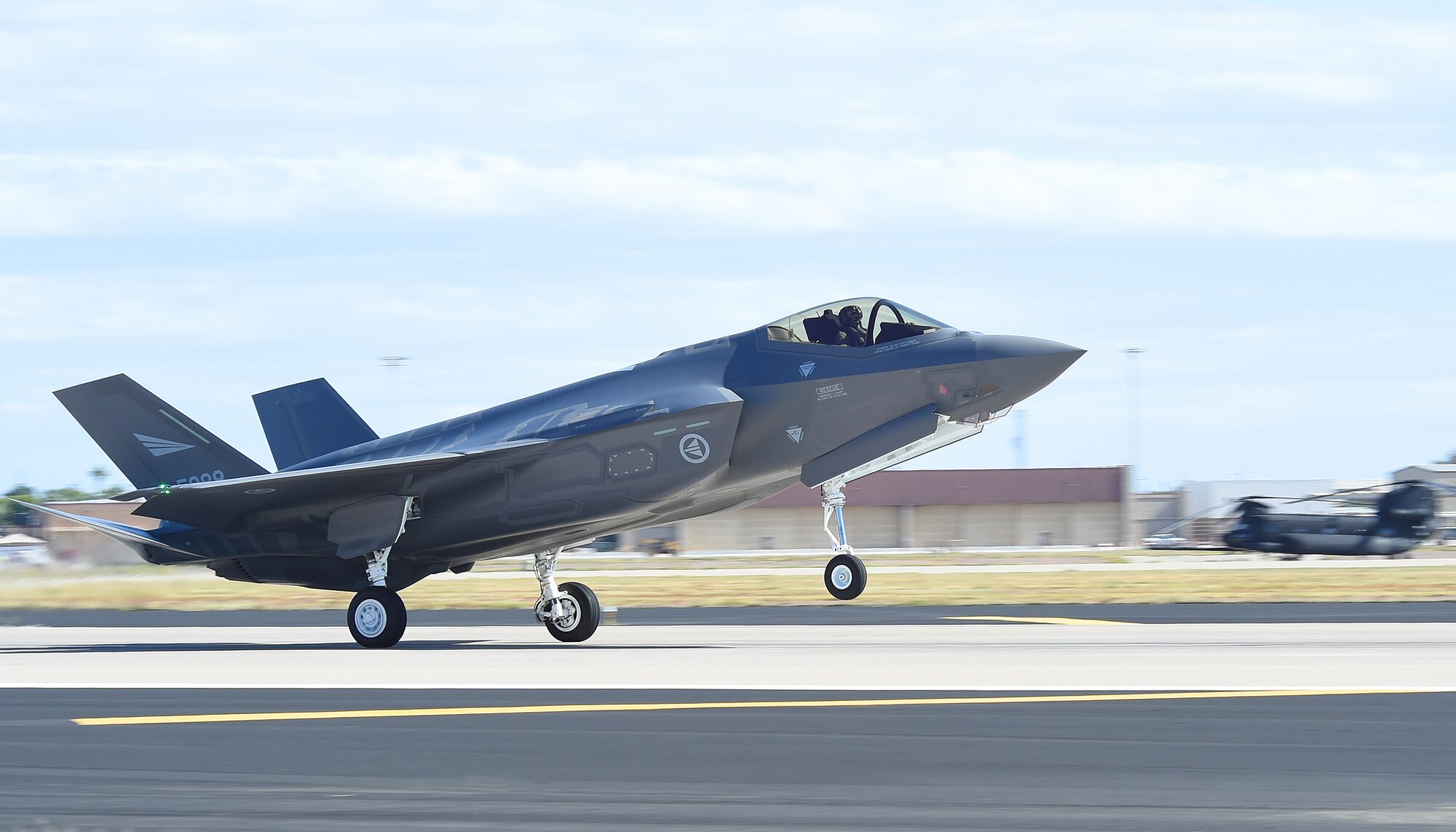 The second Norwegian F-35 Lightning II lands at Luke Air Force Base, Arizona, November 10, 2015. The jet marks the scheduled arrival of the first of two F-35s for the Royal Norwegian air force making Norway the newest partner in the international F-35 joint-partnership program here at Luke. (U.S. Air Force photo by Staff Sgt. Marcy Copeland)