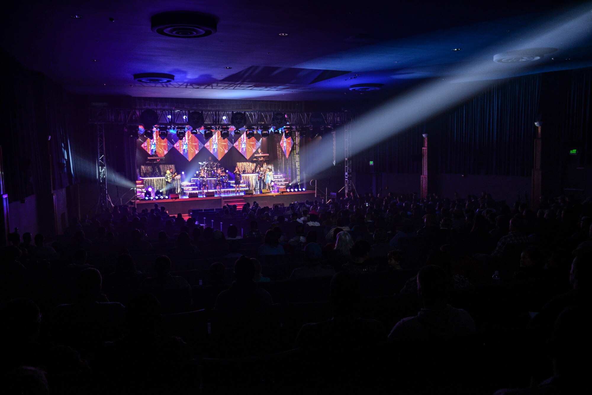 Members of Tops in Blue perform during a show Nov. 6, 2015, in the Ernie Walker Theater at Eielson Air Force Base, Alaska. Tops in Blue’s history spans nearly six decades, and since its first world tour in 1953, the group has traveled to countless locations to boost morale and support Airmen and their families. (U.S. Air Force photo by Staff Sgt. Joshua Turner/Released)