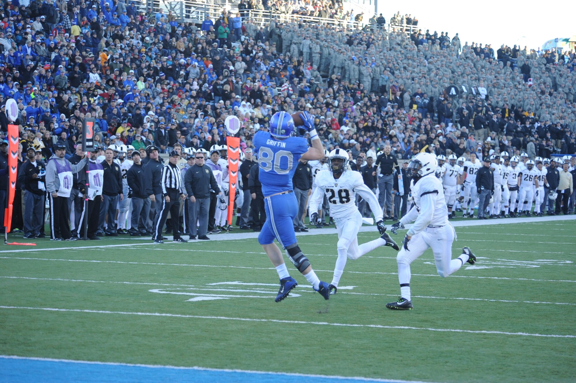 Falcons tight end Garrett Griffin hauls in his second touchdown of the game against Army, securing a 20-3 victory for the Air Force Academy Nov. 7 at the U.S. Air Force Academy. The Falcons (6-3) next host Utah State (5-4) Nov. 14. The game will be televised online by ESPN3. (U.S. Air Force photo/John Van Winkle)