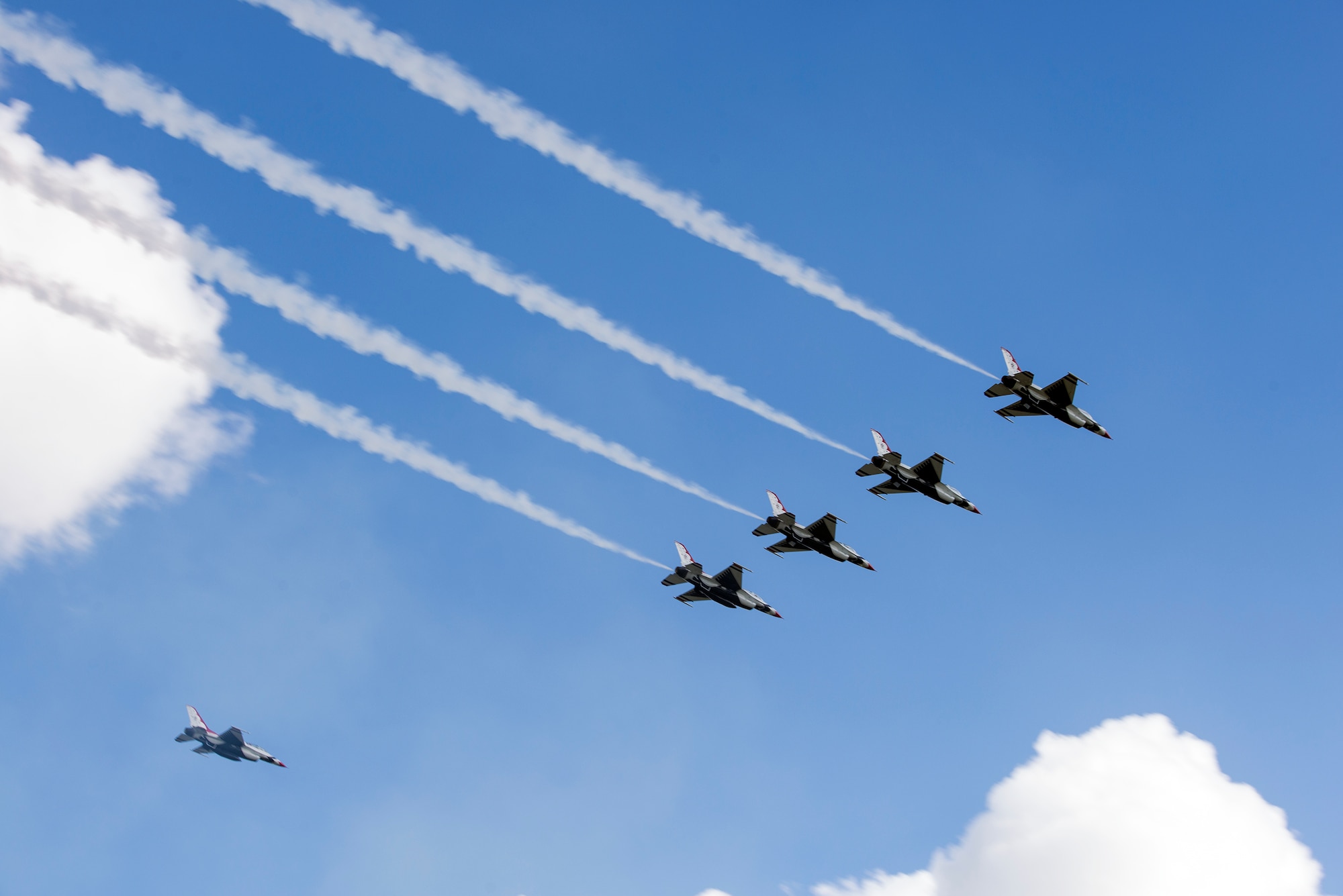 Members of the U.S. Air Force Thunderbirds fly in formation during the Thunder Over South Georgia practice, Nov. 6, 2015, at Moody Air Force Base, Ga.  The Thunderbirds gave Cadets from a local college an opportunity to watch them fly and ask questions during a meet and greet. (U.S. Air Force photo by Airman 1st Class Greg Nash/Released)