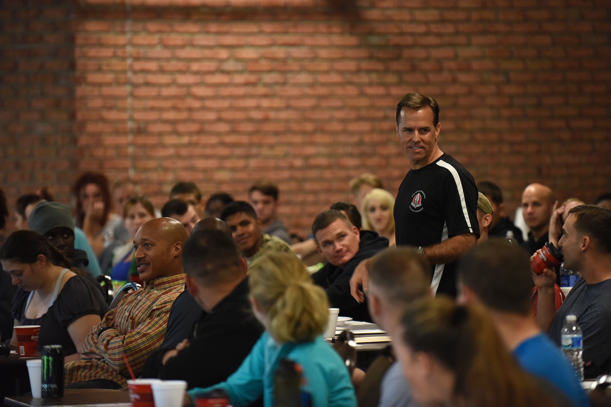 Army Lt. Col. Peter Tingstrom, Joint Special Operations Command Joint Air Operations Center director, introduces himself during the USO of North Carolina Warrior Reset retreat, Nov. 3, 2015, at the Cape Fear Botanical Garden in Fayetteville, North Carolina. Service members and their families from across the state were invited to the event to learn ways to improve resilience in both their career and day-to-day lives. (U.S. Air Force photo/Senior Airman Aaron J. Jenne)