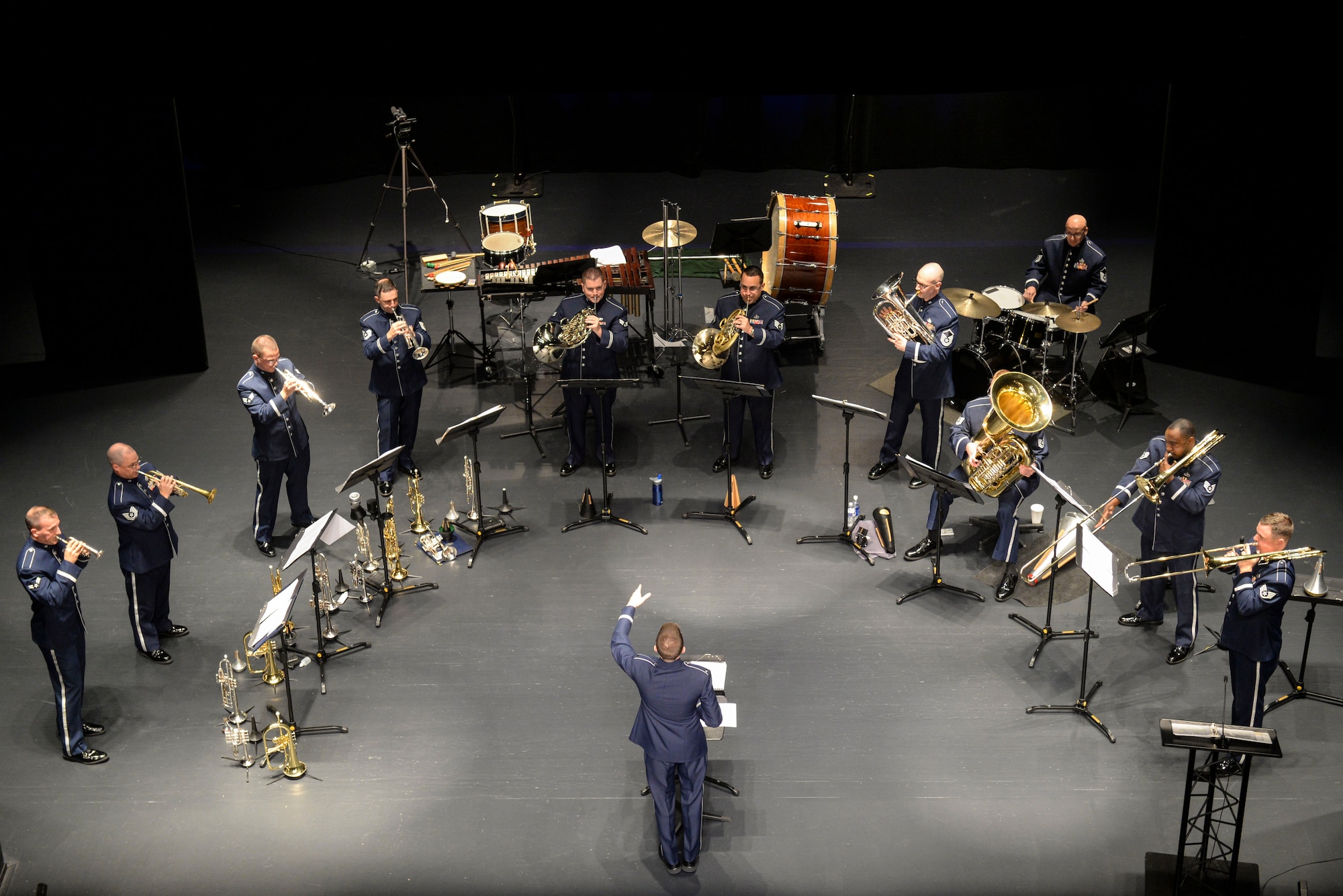 Members of the U.S. Air Force Heritage of America Band Heritage Brass ensemble play a set at the Paramount Theater, Nov. 5, 2015, in Goldsboro, North Carolina. Each year, the band’s ensembles perform more than 300 concerts along the East Coast. (U.S. Air Force photo/Airman 1st Class Ashley Williamson)