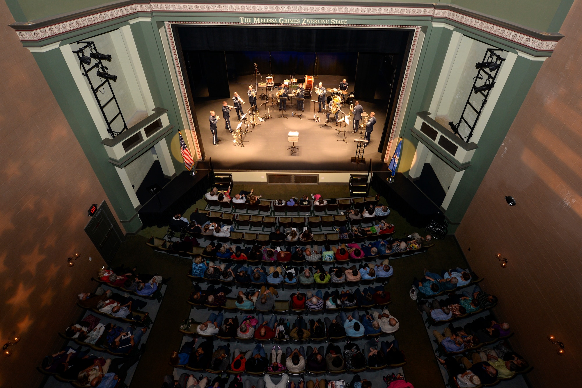 Members of the U.S. Air Force Heritage of America Band Heritage Brass ensemble give a musical performance, Nov. 5, 2015, in Goldsboro, North Carolina. The band played a free concert at the Paramount Theater for the township of Goldsboro as part of their tour. (U.S. Air Force photo/Airman 1st Class Ashley Williamson)