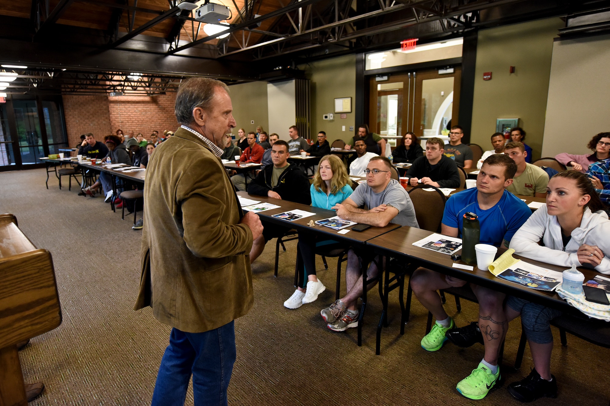 Bill Bauer, Apogee Solutions, Inc. clinical care advocate, talks to participants about post-traumatic stress disorder during the USO of North Carolina Warrior Reset retreat, Nov. 3, 2015, at the Cape Fear Botanical Garden in Fayetteville, North Carolina. More than 70 service members and their families from 6 installations across the state attended the 3-day retreat to focus on increasing mental, physical, social, and spiritual resilience. (U.S. Air Force photo/Senior Airman Aaron J. Jenne)