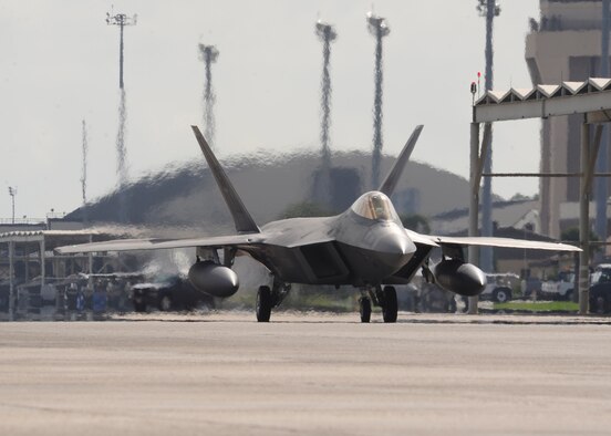 An F-22 Raptor taxis on the flight line Nov. 5 in preparation for takeoff during the Crown Royal 16-1 exercise. In this portion of Crown Royal, aircraft were prepared for deployment; more than 400 personnel accomplished training and medical screening to ensure worldwide qualifications and cargo preparation for shipment. (U.S. Air Force photo by Senior Airman Solomon Cook/Released)