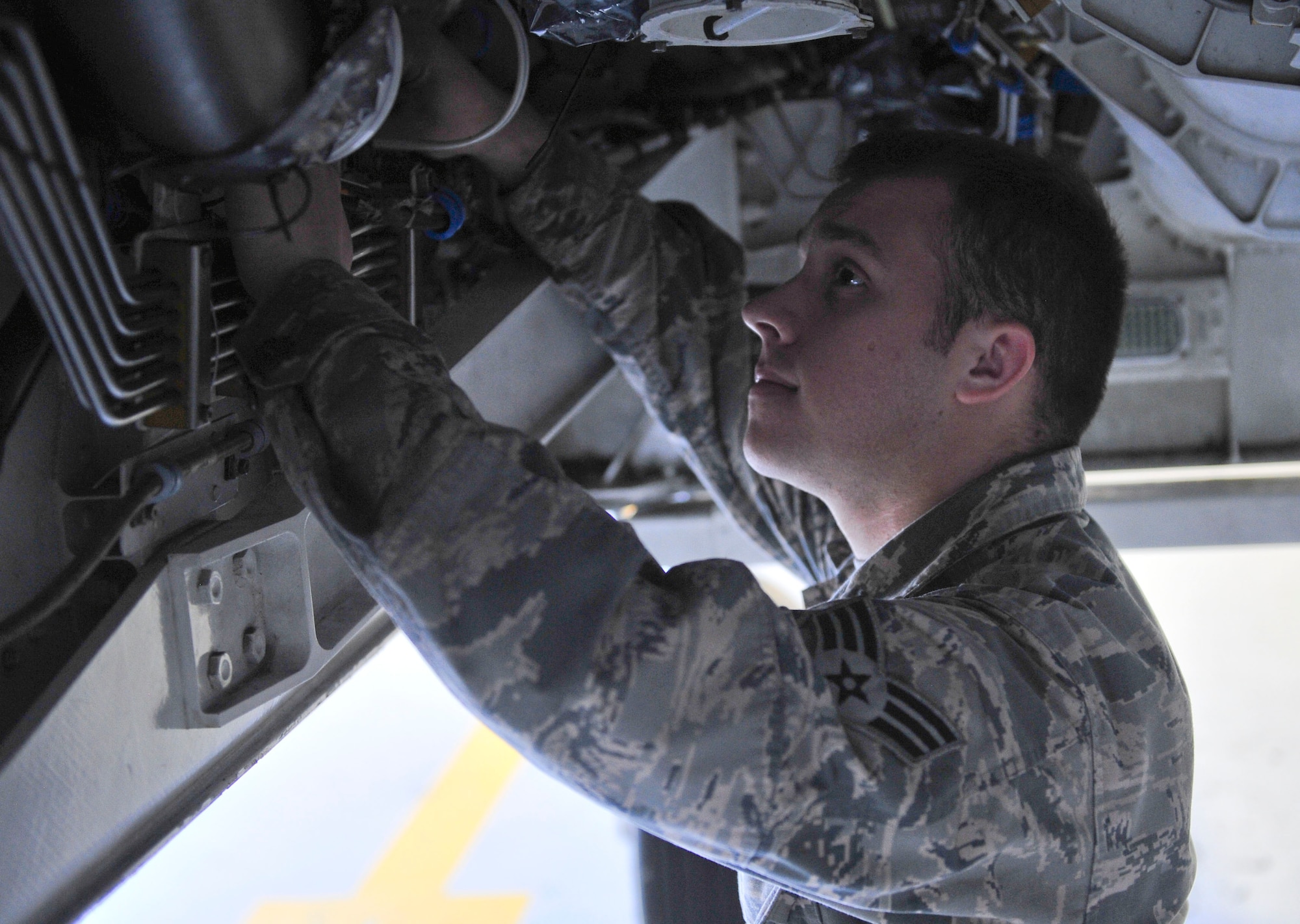 Senior Airman Stephen Holmes, 325th Aircraft Maintenance Squadron, F-22 Raptor integrated avionics systems journeyman, performs routine maintenance on the weapon bay of an F-22, Nov. 2 in Hangar 2. All aircraft must undergo routine maintenance in order to remain flight capable and ensure pilot safety. (U.S. Air Force photo by Senior Airman Dustin Mullen/Released)