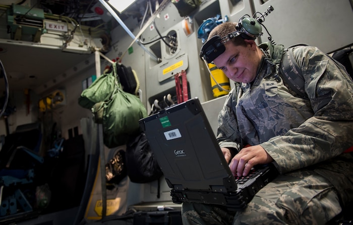 Staff Sgt. Evan Westcott, 43rd Aircraft Maintenance Squadron, performs pre-flight checks on a C-17 Globemaster III prior to takeoff during Exercise Ultimate Reach 16, Nov. 4, 2015, on the flightline at Pope Army Airfield, N.C. Ultimate Reach is an annual U.S. Transportation Command-sponsored live-fly exercise designed to exercise the ability of the 18th Air Force to plan and conduct strategic airdrop missions. This iteration of Ultimate Reach partnered with the NATO Exercise Trident Juncture held in various locations across Europe. (U.S. Air Force photo/Airman 1st Class Clayton Cupit)