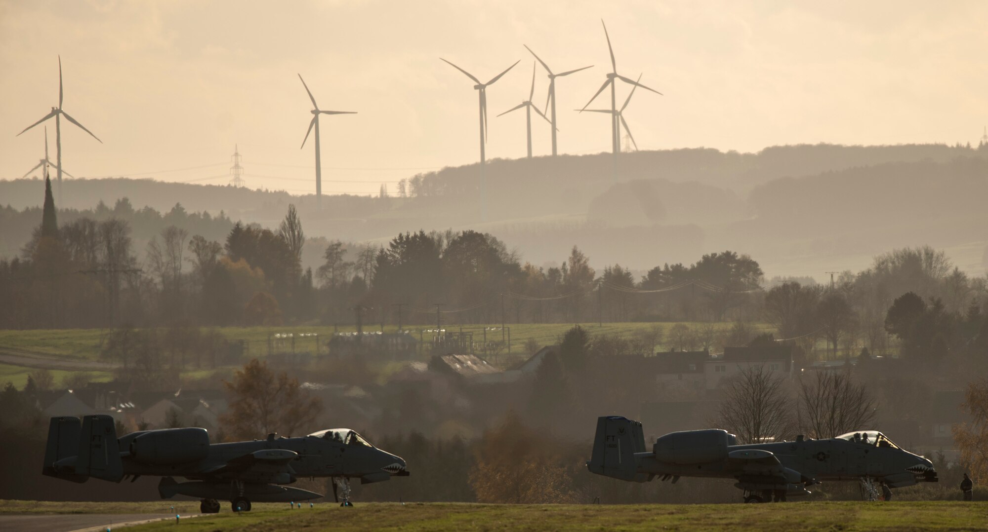 U.S. Air Force A-10 Thunderbolt II attack aircraft, assigned to the 74th Expeditionary Fighter Squadron, taxi on the flight line at Spangdahlem Air Base, Germany, Nov. 9, 2015. The aircraft arrived as a part of a theater security package in support of Operation Atlantic Resolve. (U.S. Air Force photo by Senior Airman Rusty Frank/Released)