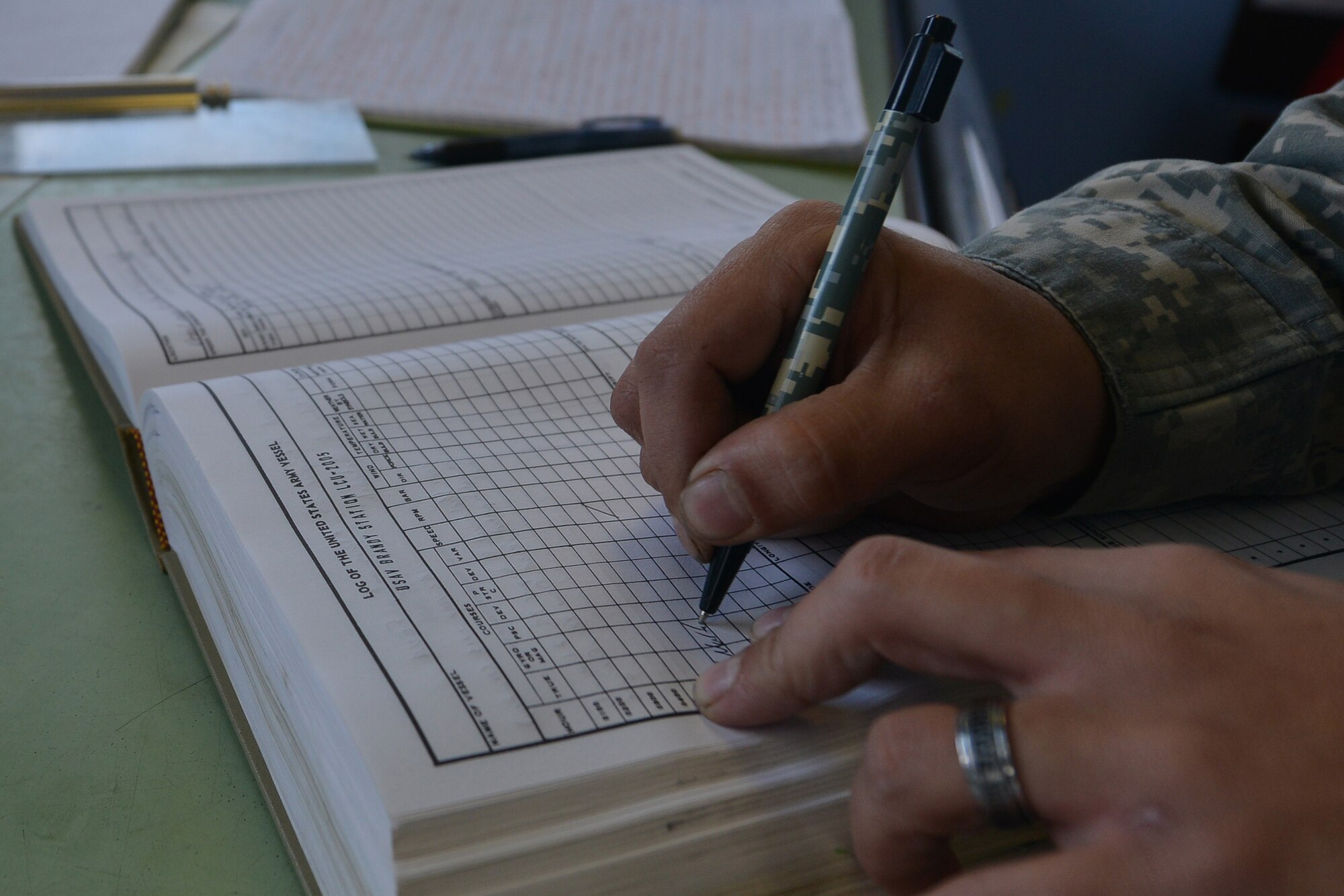 U.S Army Sgt. Angel Rosario, 97th Transportation Company Vessel Brandy Station quartermaster, logs travel information into the vessel’s log book en-route to an offshore training exercise on the James River in Newport News, Va., Nov. 3, 2015. As the quartermaster, Rosario not only logs information, but navigates the vessel’s route. (U.S. Air Force photo by Staff Sgt. Natasha Stannard/Released)