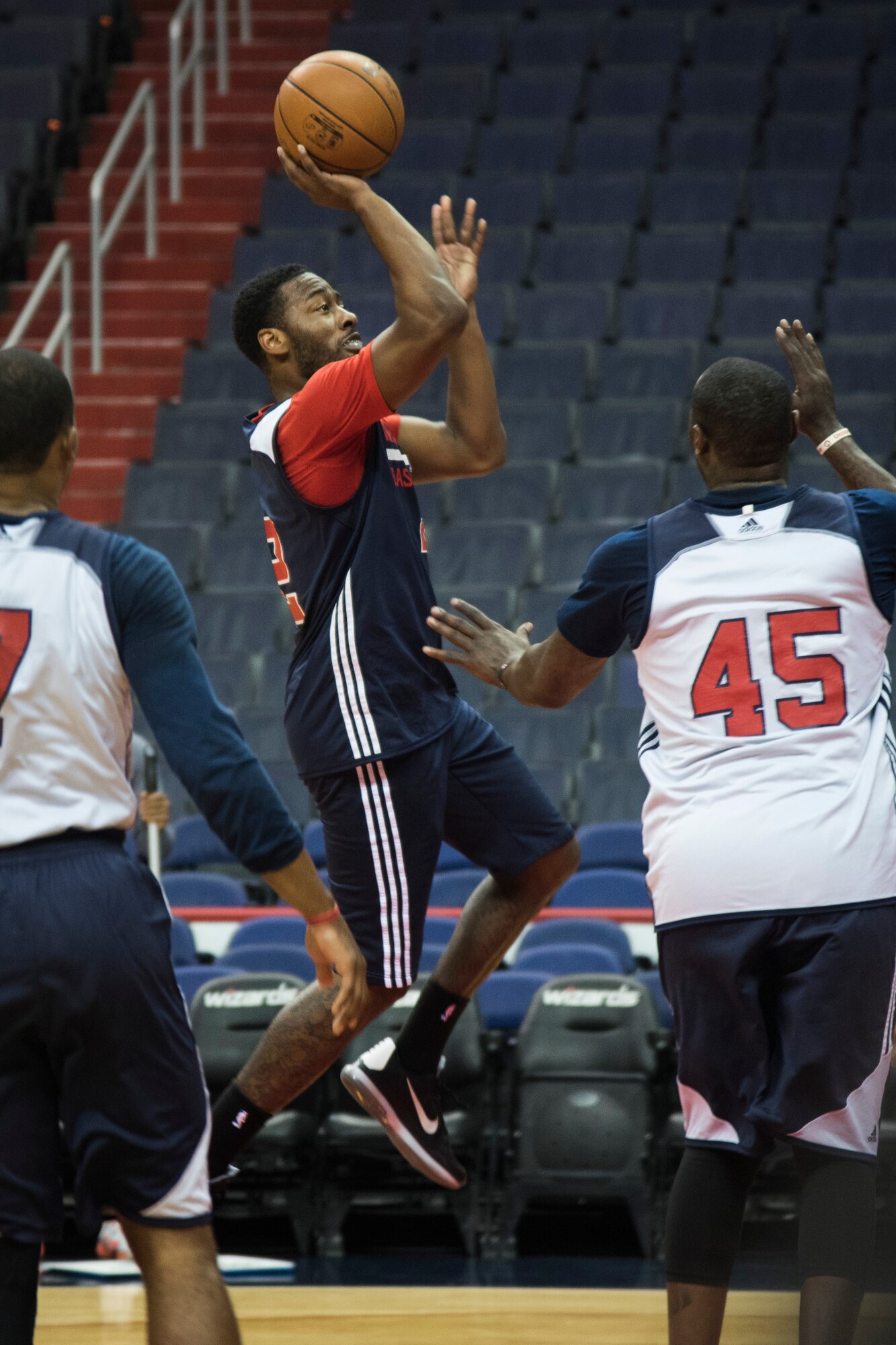 John Wall, Washington Wizards point guard, goes up for a shot during the team’s practice at the Verizon Center in Washington, D.C., Nov. 9, 2015. Military members from all branches were invited to the team’s practice as part of Salute to the Stars, an annual event held by the Wizards, as part of the National Basketball Association’s Hoops for Troops week to honor the United States military the week leading up to Veterans Day. (U.S. Air Force photo by Airman 1st Class Philip Bryant/Released)