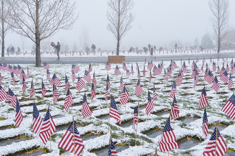 Flags stand beside graves of deceased veterans at the Utah Veterans Memorial Cemetery, Bluffdale, Utah, Nov. 10, 2015. Over 100 Airmen from Hill Air Force Base placed flags beside the burial sites of 5,646 veterans. (U.S. Air Force photo by R. Nial Bradshaw/Released)