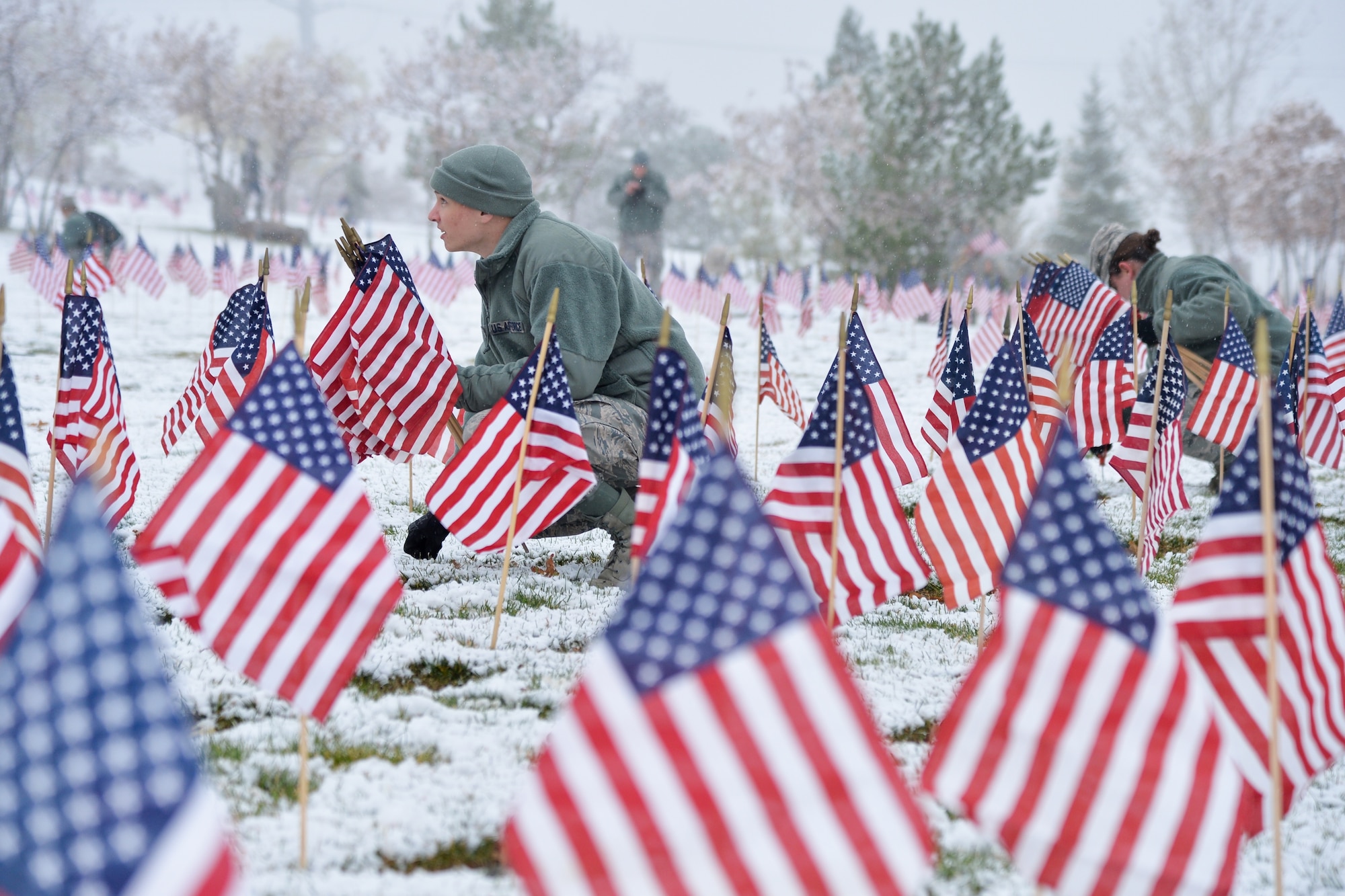 Airmen from Hill Air Force Base place flags beside gravestones at the Utah Veterans Memorial Cemetery, Bluffdale, Utah, Nov. 10, 2015. Over 5,000 flags were placed during the detail in honor of veterans and their families. The annual event was organized by the Air Force Sergeants Association Chapter 1163. (U.S. Air Force photo by R. Nial Bradshaw/Released)