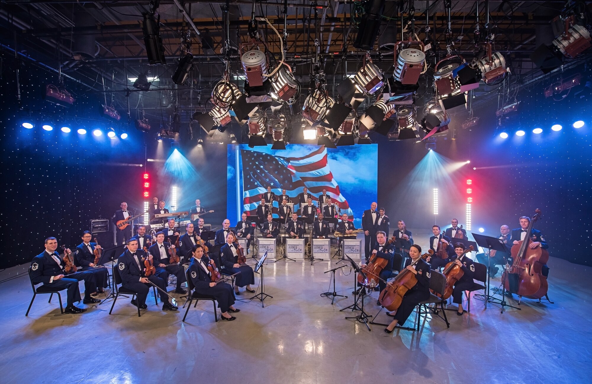 Members of the Air Force Strings, the Airmen of Note and Max Impact pose for a photograph at Maryland Public Television studios in Owings Mills. The concert, which will air on MPT at 8 p.m. on Nov. 10 and 11, is one of many events honoring veterans this week. (Photo by Senior Master Sgt. Bob Kamholz/released)