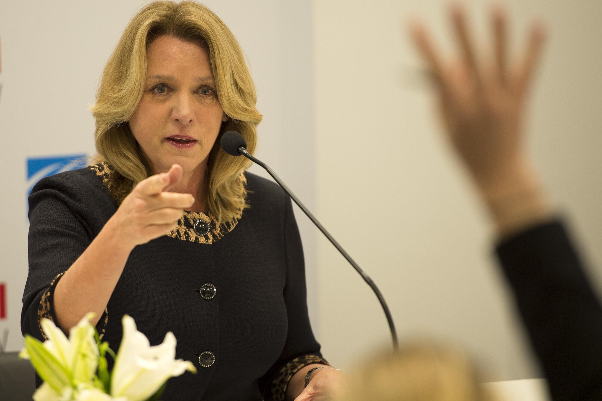 Secretary of the Air Force Deborah Lee James answers questions during a press conference on Nov. 10, 2015 at the 2015 Dubai Air Show, United Arab Emirates. Secretary James spent the day speaking with Airmen, Soldiers, Sailors and Marines during her visit. The air show is a biennial event and is recognized as the premier aviation and air industry event in the Gulf and Middle East region and is one of the largest airshows in the world. (U.S. Air Force photo by Tech. Sgt. Nathan Lipscomb)