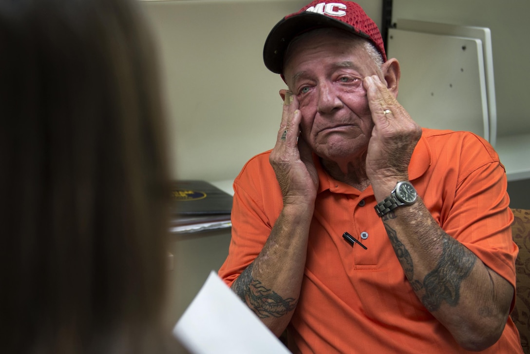 Vietnam veteran Jim Alderman reacts during a therapy session for combat-related stress at the Bay Pines Veterans Affairs Medical Center in Bay Pines, Fla. Oct. 29, 2015. Alderman recently completed a seven-week inpatient post-traumatic stress disorder program for military veterans. DoD photo by EJ Hersom