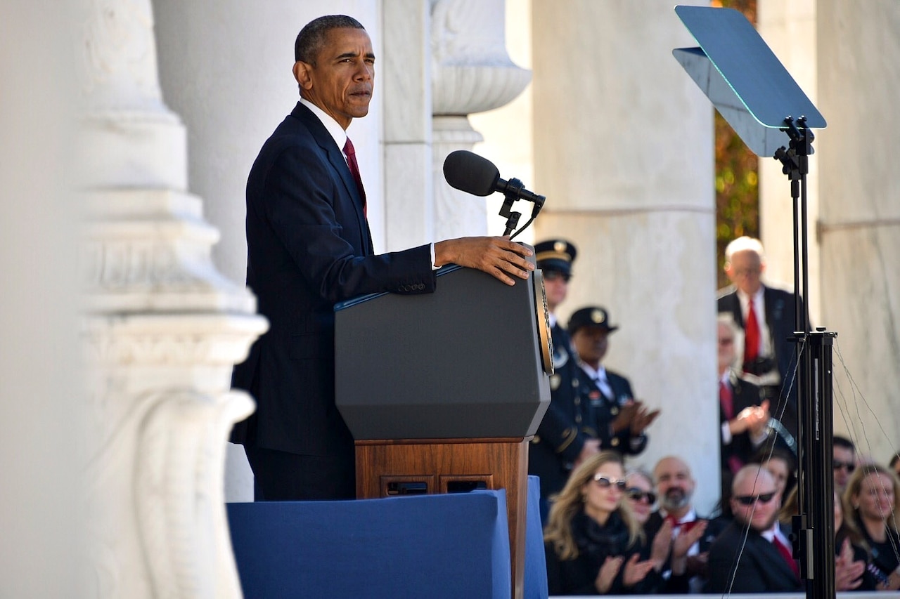 President Barack Obama delivers the Veterans Day address during a ceremony at The Tomb of the Unknown Soldier in Arlington National Cemetery in Arlington, Va., Nov. 11, 2015. U.S. Coast Guard photo by Petty Officer 2nd Class Patrick Kelley