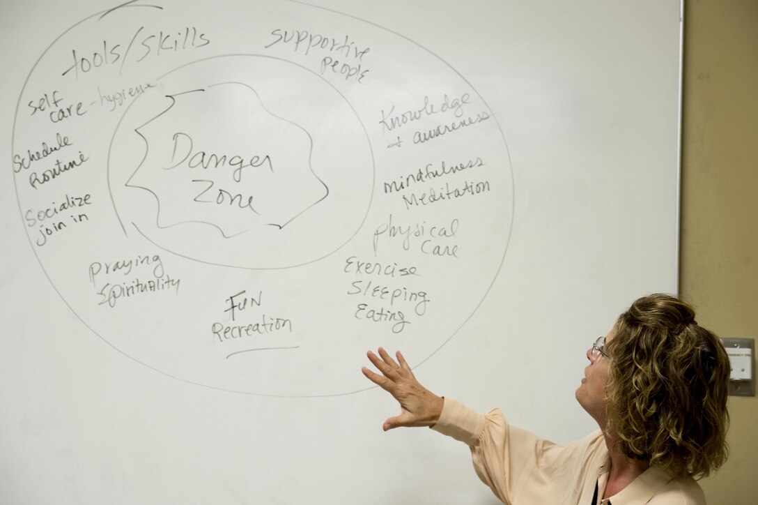 Licensed clinical social worker Rose Stauffer explains how to stay out of a the proverbial danger zone that can trigger post traumatic stress disorder symptoms during a group therapy session at Bay Pines Veterans Administration Healthcare Center in Bay Pines, Fla. Oct. 28, 2015. DoD photo by EJ Hersom