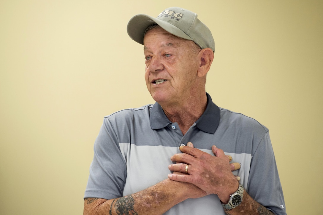 Vietnam veteran Jim Alderman expresses thanks during his graduation from an inpatient post-traumatic stress disorder program for war veterans in the Bay Pines Veterans Administration Healthcare Center Oct. 30, 2015. DoD photo by EJ Hersom