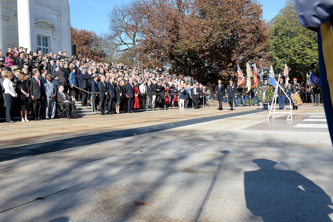Defense Secretary Ash Carter looks on as President Barack Obama arrives at the 62nd annual national Veterans Day observance at Arlington National Cemetery in Arlington, Va., Nov. 11, 2015. DoD photo by Army Sgt. 1st Class Clydell Kinchen