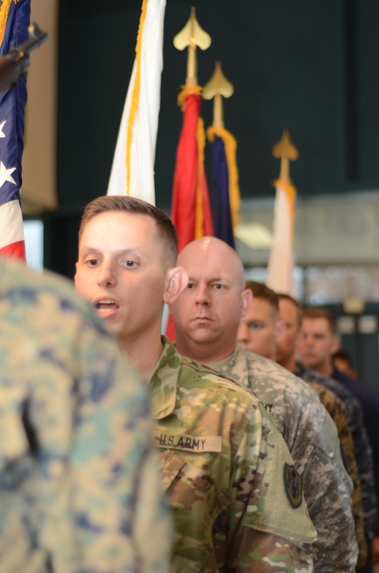 Army Staff Sgt. Jeffery Sandstrum calls cadence Nov. 9, 2015, for the Joint Service Color Guard of the Defense Information School at Fort Meade, Md., in the school’s Hall of Heroes. Members of the color guard were practicing for a Veterans Day ceremony in Annapolis.