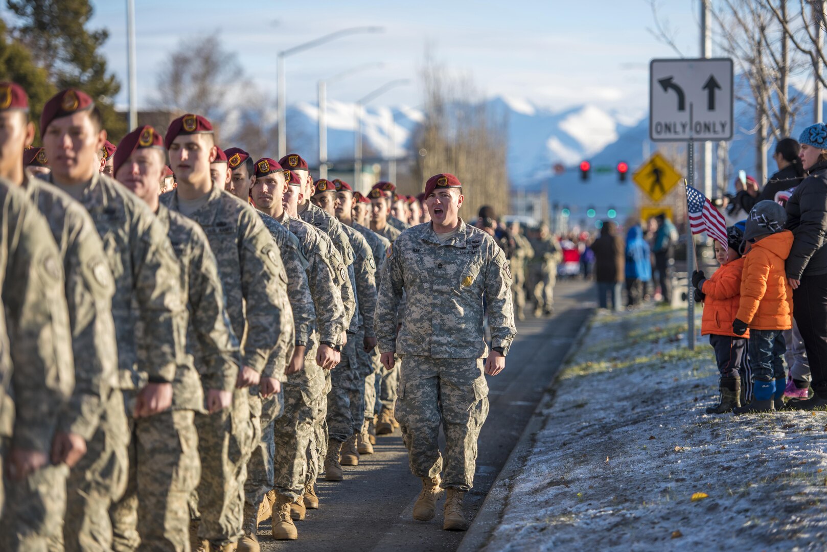 Members of the 4th Infantry Brigade Combat Team (Airborne), 25th Infantry Division participated in Anchorage's first-ever Veterans Day Parade on Nov. 7, 2015. More than 50 airmen of the Alaska Air National Guard's 176th Wing joined approximately 200 other military members to represent actively-serving veterans for the celebration.